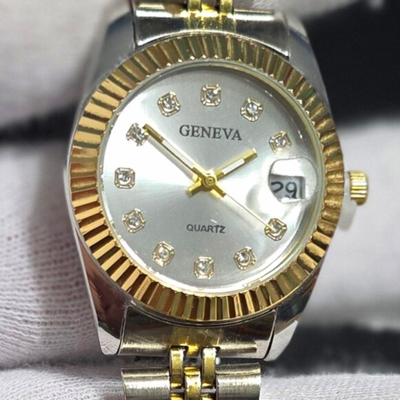 Geneva Ladies Rhinestone Silver Dial Watch Two-Tone Gold/Silver Bracelet W/Date - Picture 8 of 16